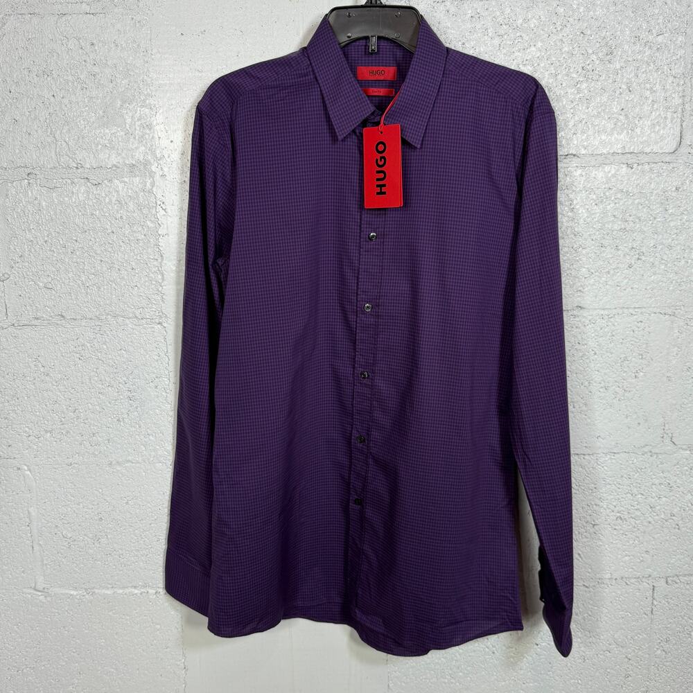 by Hugo Boss Men's Denricko Slim fit check Dress Shirt Purple Large $68
